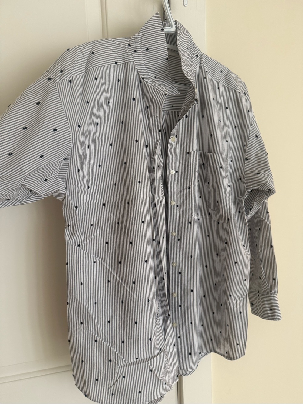 J. Crew Blue and White Striped Button-Up with Navy Dot Print